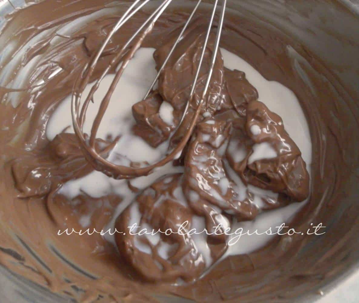 Aggiungere la panna e l'acqua al cioccolato -  Ricetta Torta marmorizzata